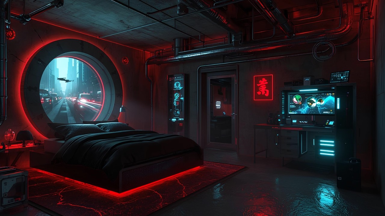 Cyberpunk Bedroom Overlooking Neon City 🌧️ Chill Lofi Hip Hop Beats for Study & Sleep