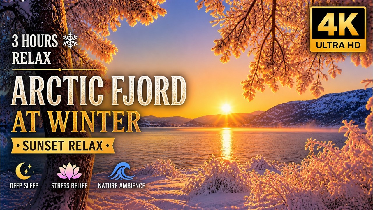 Arctic Fjord at Winter Sunset | Steaming Sea & Snowy Cliffs | Relaxing Nature Ambience
