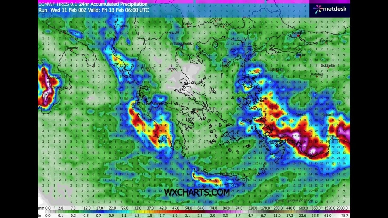 ECMWF HRES – 15ήμερη Πρόγνωση Καιρού για την Ελλάδα | Θερμοκρασία, Βροχή & Χιόνι (WXCharts) 12-02-26