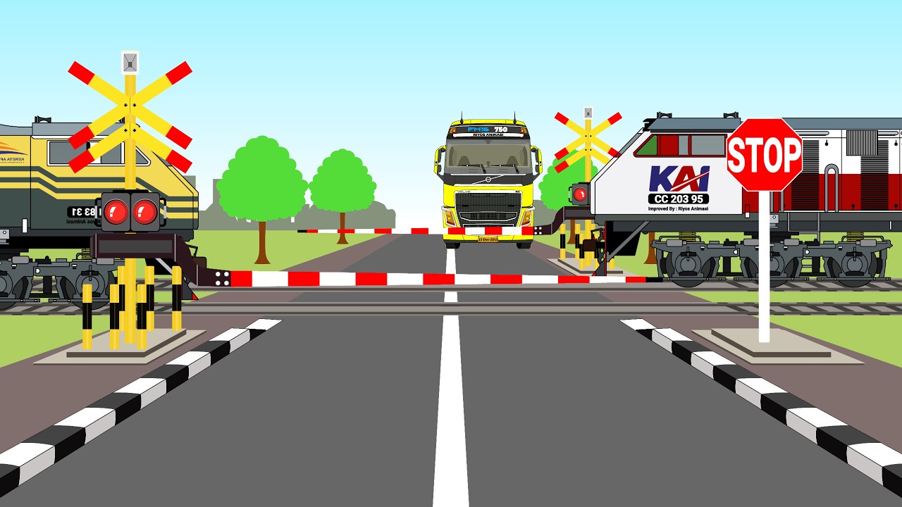 PALANG PINTU KERETA API KETEMU LOKOMOTIF LIVERY RNB DI JALAN YG LURUS DAN SIMETRIS