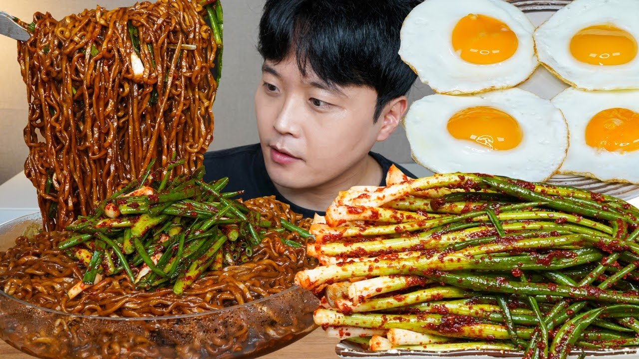 [와차밥] 짜파게티 갓담근 파김치 계란후라이 요리 먹방 Green Onion Kimchi & Black Bean Noodles ASMR MUKBANG EATING SHOW