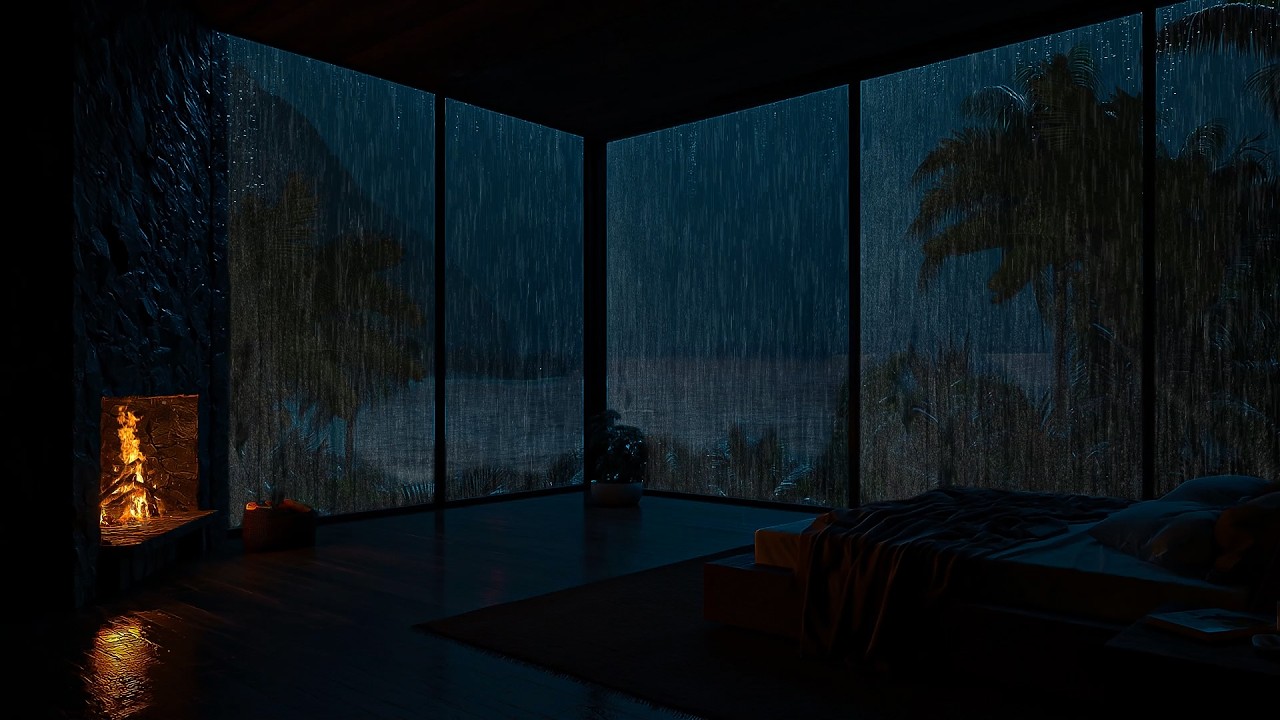 Sleep Fast in 5 Minutes 💤 Gentle Seaside Rain, Distant Thunder & Cozy Crackling Fire | Dark Room