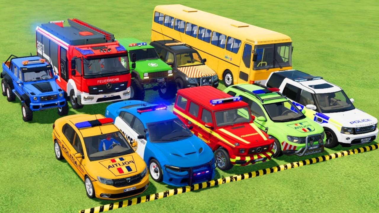 TRANSPORTING POLICE CARS, AMBULANCE, FIRE TRUCK, COLORFUL CARS WITH TRAIN -FARMING SIMULATOR 22!