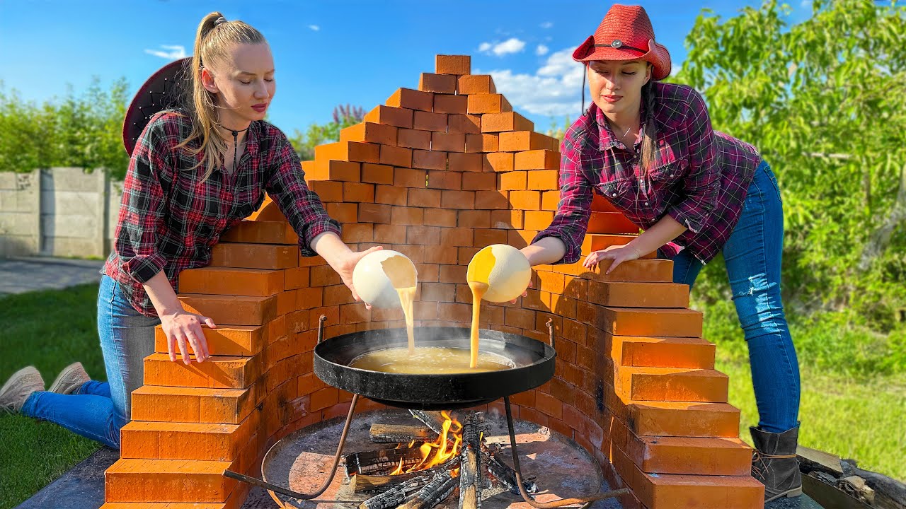 Омлет из СТРАУСИНЫХ Яиц на огне! Сытный Ужин из Мяса и Яиц на весь стол!
