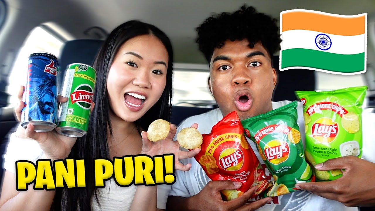 COUPLES TRY INDIAN SNACKS FOR THE FIRST TIME! (PANI PURI, INDIAN LAYS, THUMS UP & LIMCA) *PART 8*