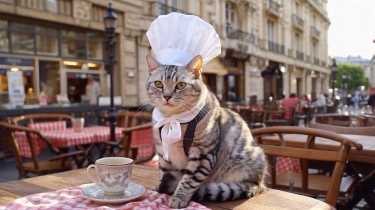 Cat Chef makes Croissant Sandwiches and Cafe au lait.