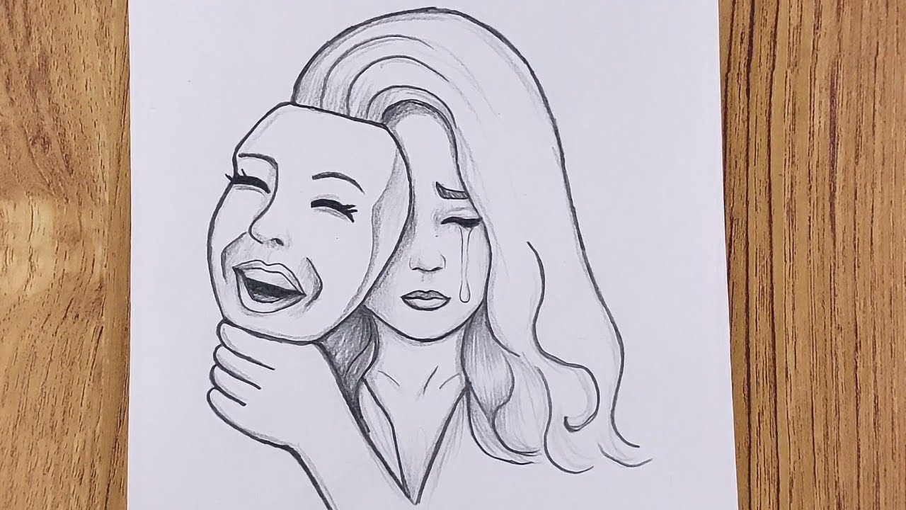 How to draw so easy a sad girl with 🎭Cómo dibujar una chica con una máscara en la cara