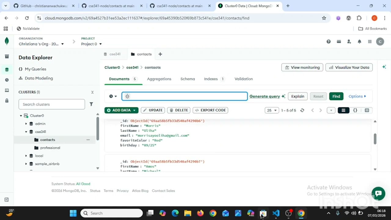 CSE 341 - Week 1 Project: Contacts API | BYU-Idaho