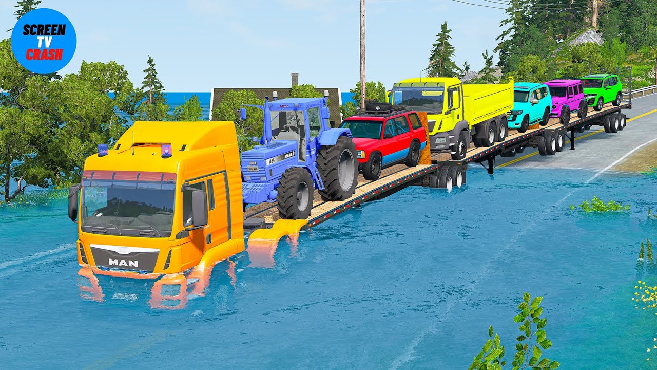 Triple Flatbed Trailer McQueen Transportation with Truck | Speedbumps vs Cars vs Train | BeamNG #01