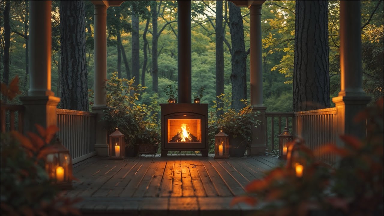 1 HOUR Cozy Forest Porch Fireplace 🌲🔥 Relaxing Nature Ambience for Sleep & Study
