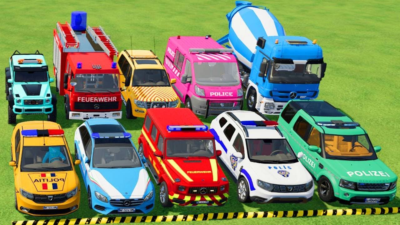 TRANSPORTING POLICE CARS, AMBULANCE, FIRE TRUCK, COLORFUL CARS WITH TRUCK -FARMING SIMULATOR 22!