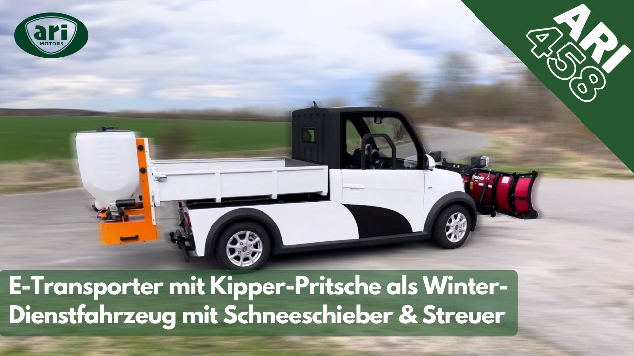 ARI 458 Elektrotransporter mit Kipper Pritsche als Winterdienstfahrzeug mit Schneeschieber & Streuer