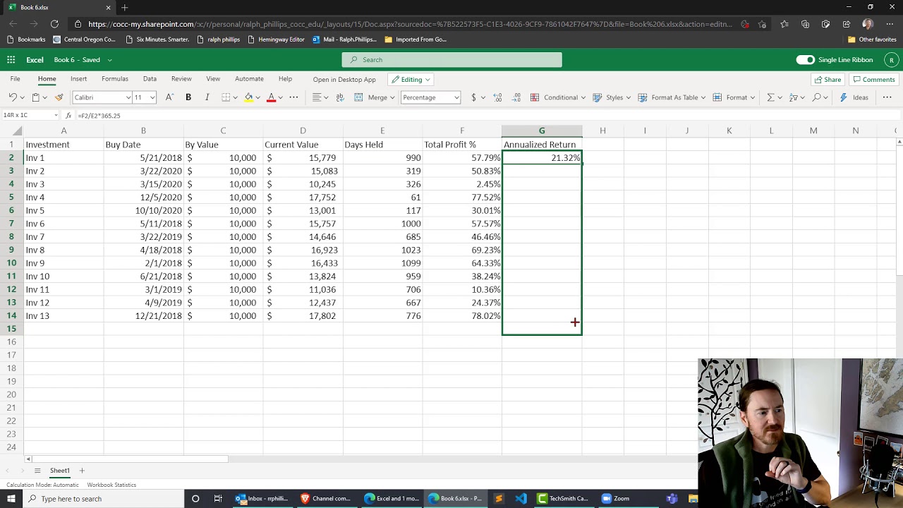 Use Excel 365 to Calculate Simple Annualized Returns for a Series of Investments