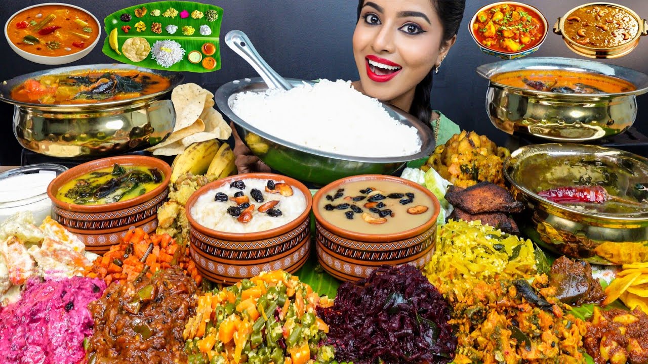 ASMR Eating Onam Sadhya,Sambar,Kheer,Papad,Rice,Veg Thoran South Indian Thali ASMR Eating Mukbang