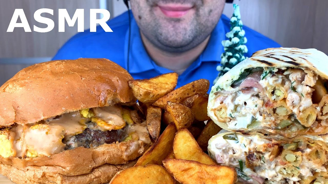 АСМР ВКУСНАЯ И СОЧНАЯ ШАУРМА, ВКУСНЕЙШИЙ БУРГЕР, КАРТОФЕЛЬ ПО ДЕРЕВЕНСКИ МУКБАНГ (ИТИНГ)