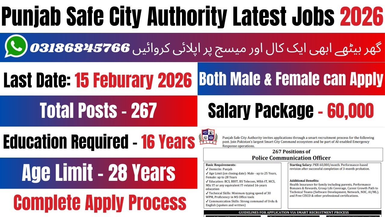 Punjab Safe City Authority Jobs 2026 | PSCA Jobs 2026 | Police Communication Officer Jobs 2026