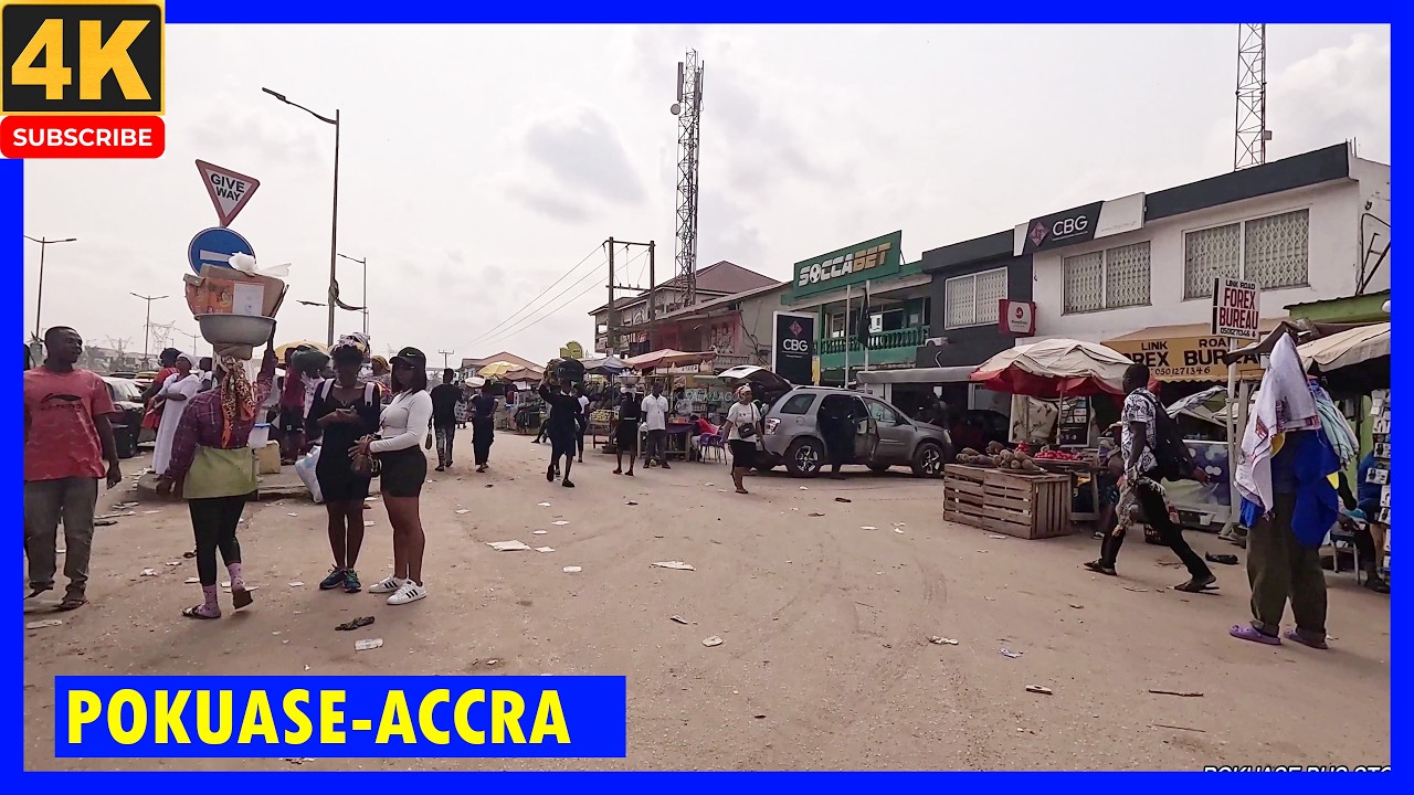 🇬🇭POKUASE BUS STOP- 4K WALIKNG TOUR-ACCRA-GHANA