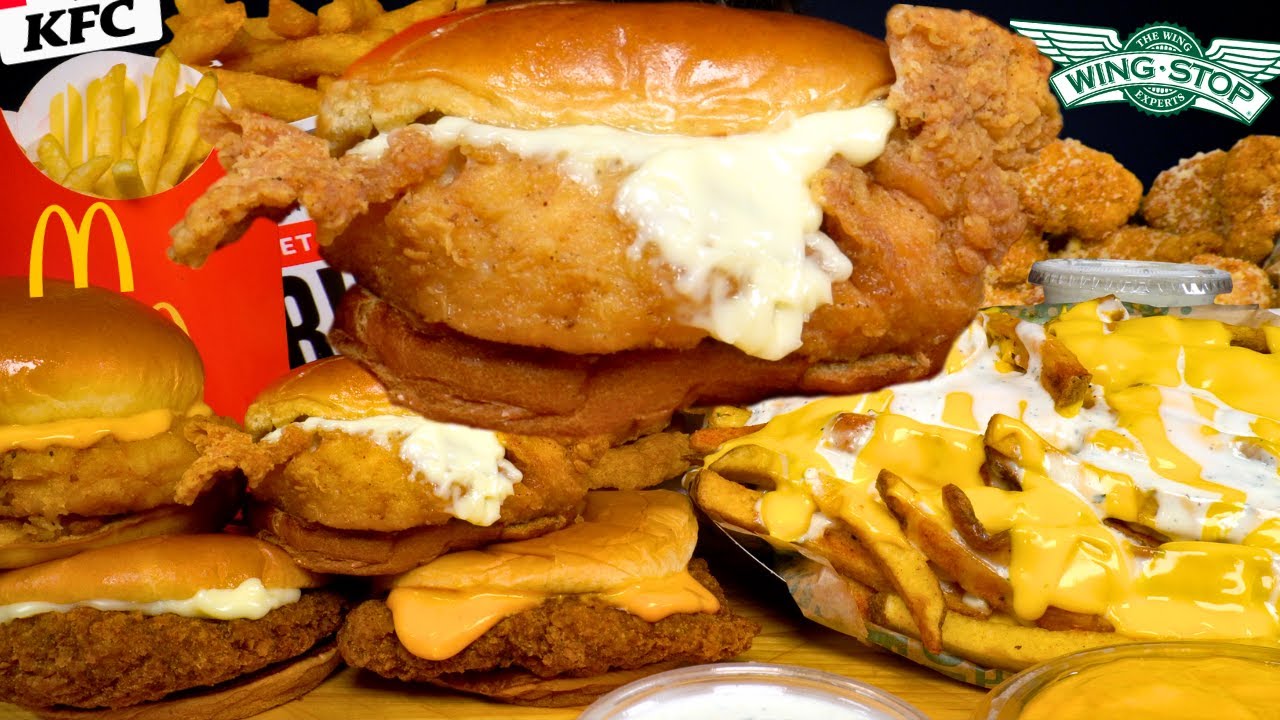ASMR MUKBANG KFC MCDONALDS & WINGSTOP | CHICKEN BURGERS & VOODOO FRIES | WITH CHEESE + RANCH