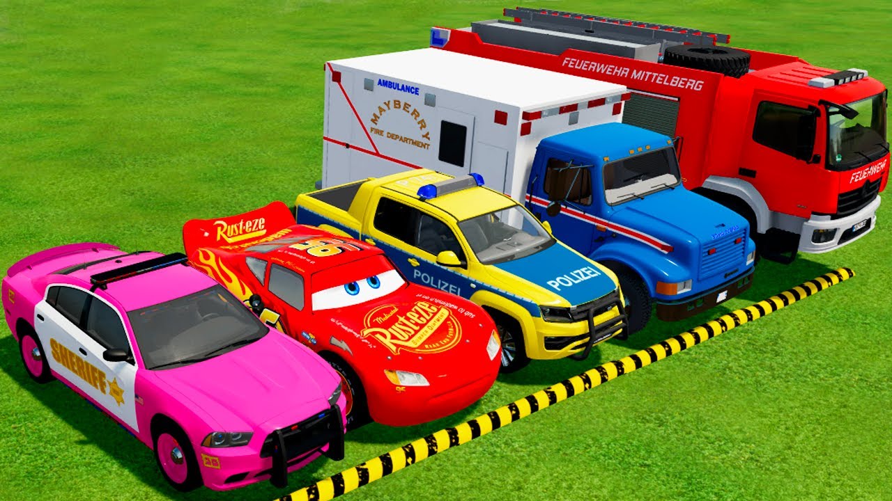DACIA, MCQUEEN CAR, FORD POLICE CARS, AMBULANCE EMERGENCY TRANSPORTING WITH TRUCKS ! FS22 #2