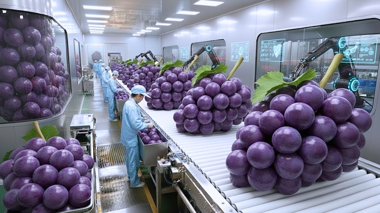 Proceso de producción de jugo de uva en una fábrica moderna y automatizada