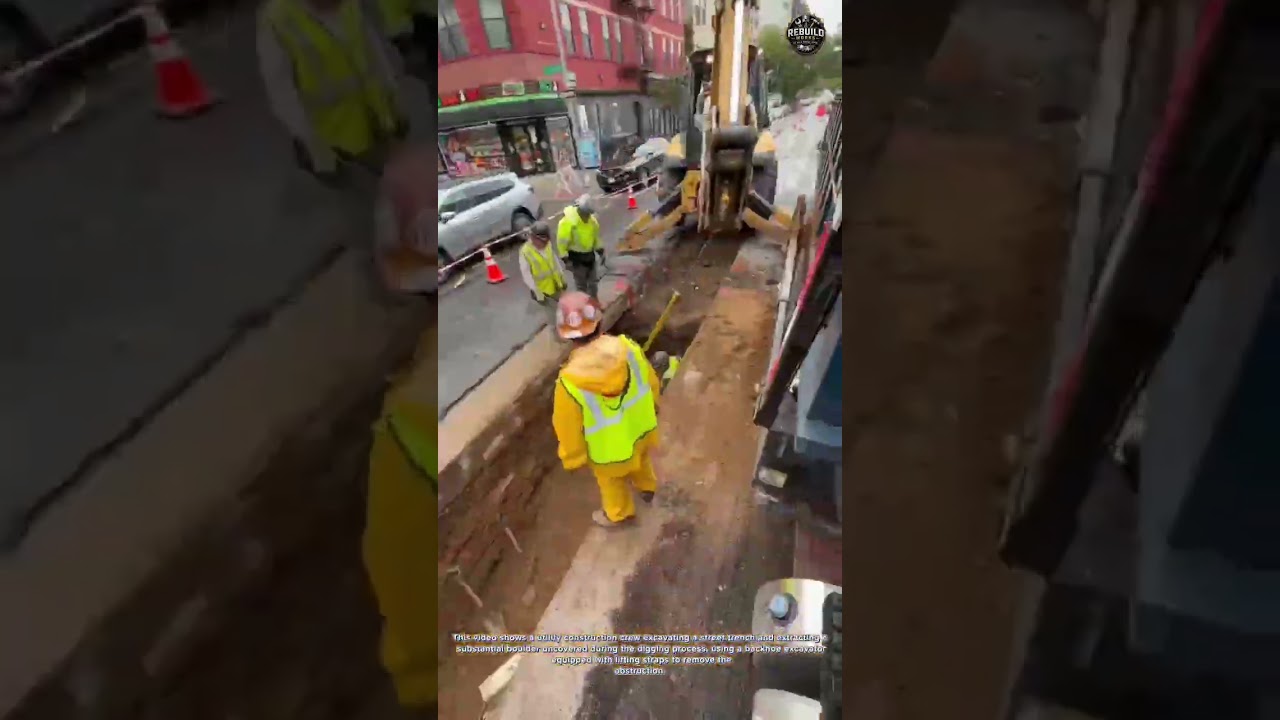 Excavating and Removing a Large Boulder from a Street Utility Trench