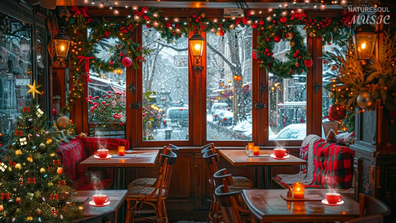 Cozy Christmas Café Ambience ☕🎄 Snowy Window & Relaxing Piano Music 3 Hours | By NatureSoul Music