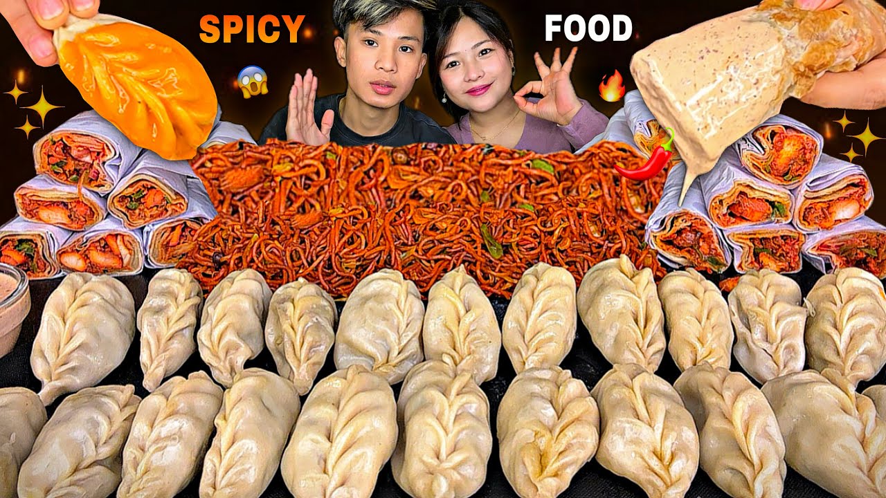 EXTREMELY SPICY CHOWMEIN🔥MASSIVE KATTI ROLL😱& BIG BUFF MOMO🥟SPICY ACHAR 🌶️| NEPALI MUKBANG |