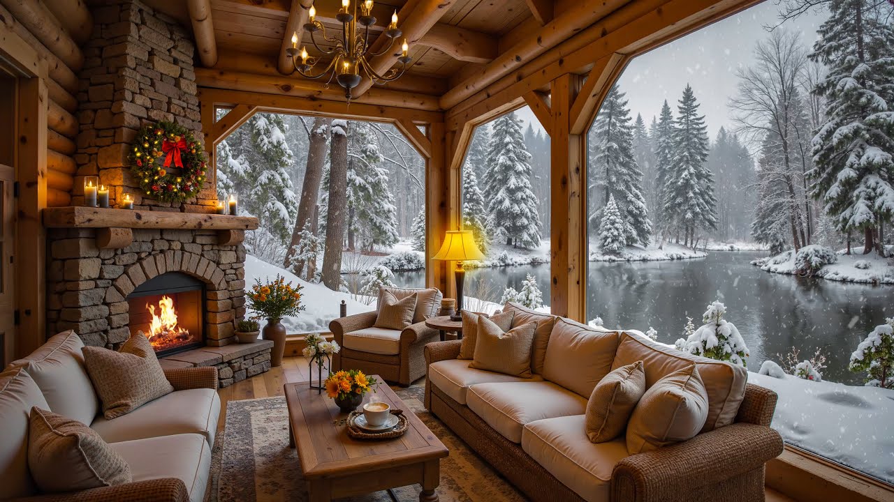 Peaceful Winter Morning Scenery ⛄ Cozy Porch with Piano Music, Fireplace Ambience to Relax