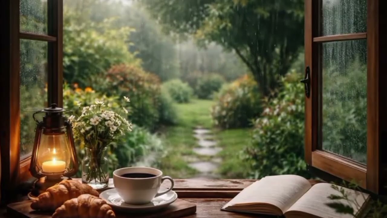 Relaxe com o som suave da chuva caindo no jardim .