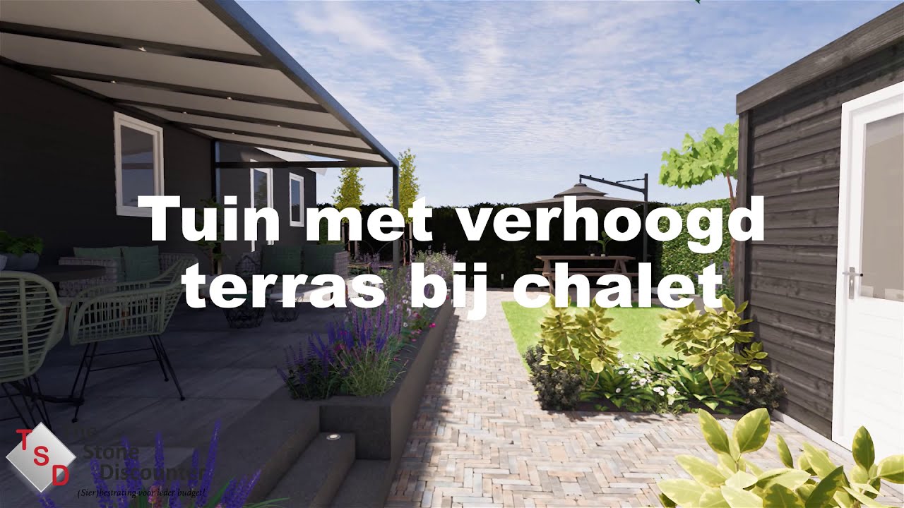Tuin met verhoogd terras bij chalet