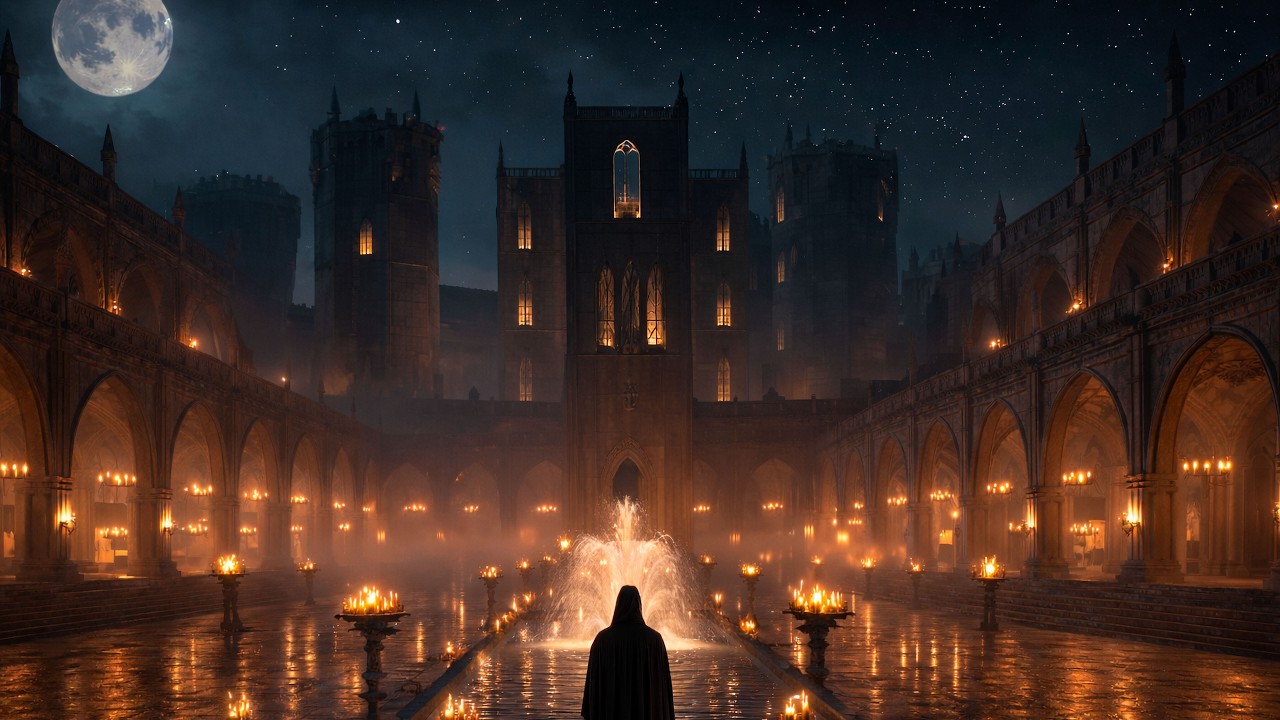 Fantasy Medieval Ambient | Moonlit Castle Courtyard 🕯️ Calm Fountain Night Ambience