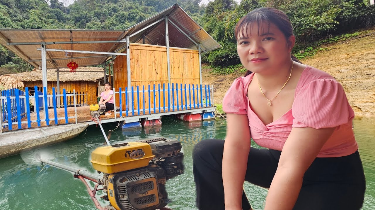 The girl uses a floating house on the water.