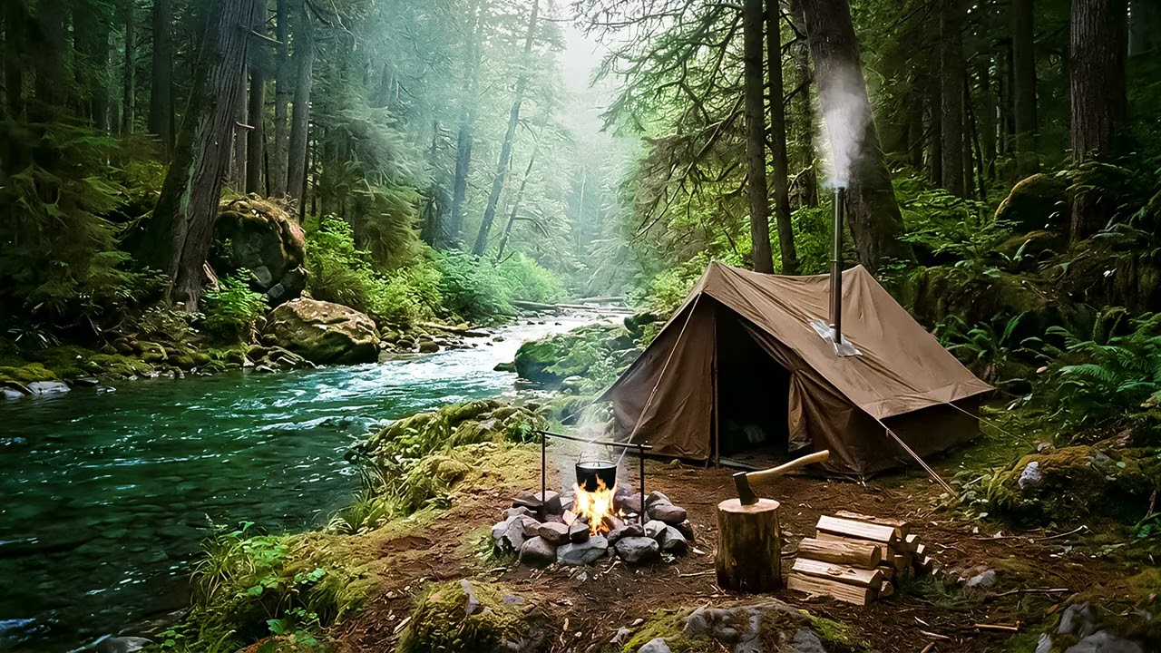 4K Solo Camping in the Rain Forest | Relaxing River & Campfire for Sleeping 🏕️⛈️