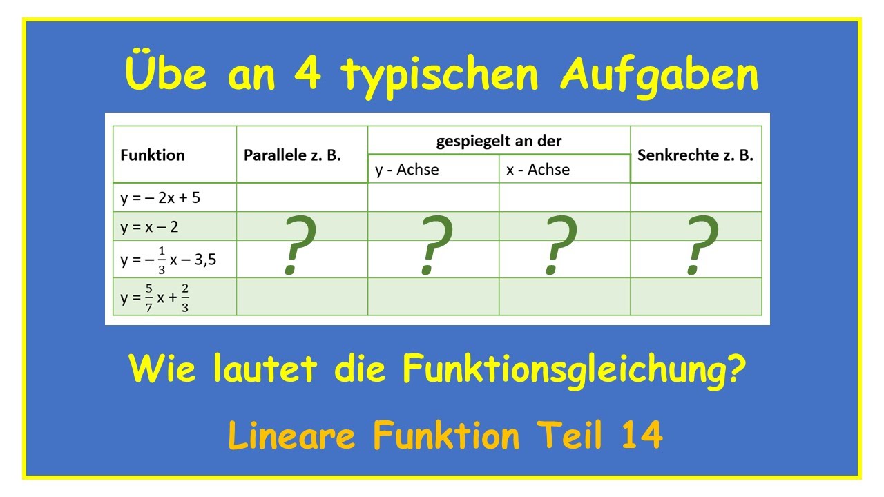Parallele, gespiegelte und senkrechte Gerade - 4 Beispiele - Funktionsgleichung finden - Teil 14