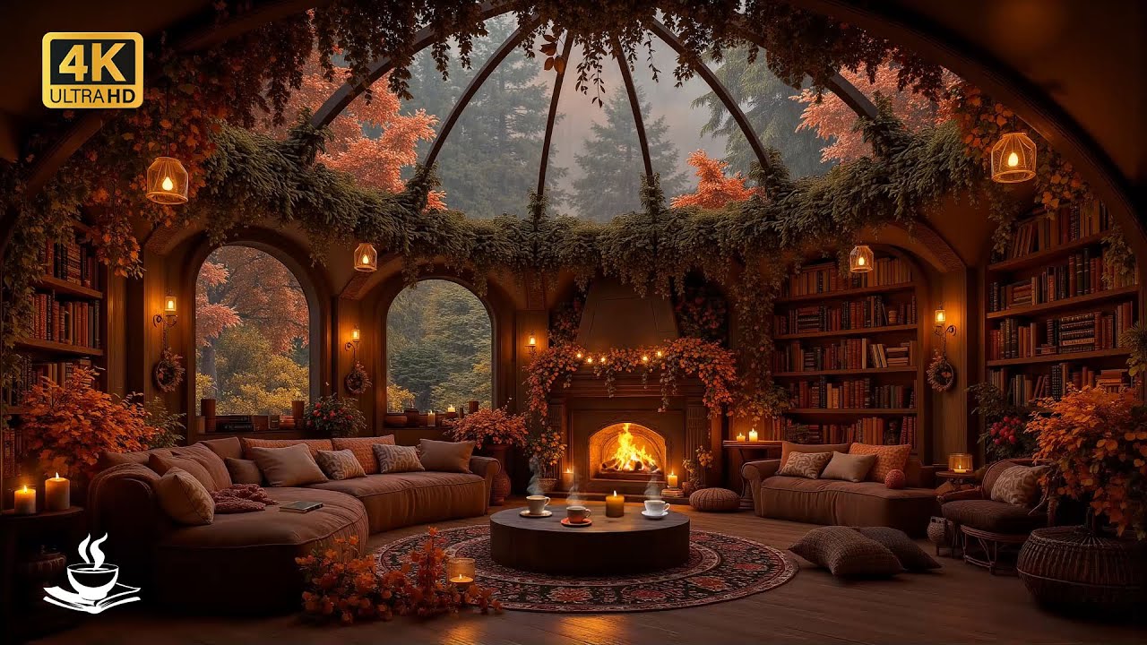 Cozy Autumn Library Ambience 🍂 Fireplace, Jazz Music & Relaxing Peaceful Fall Reading Vibes