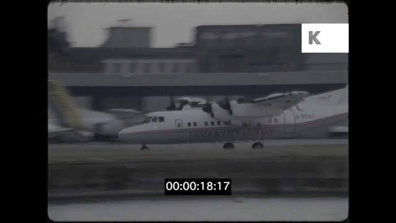 1980s Brymon Airways DHC-7 Plane Taking Off, London City Airport, 35mm