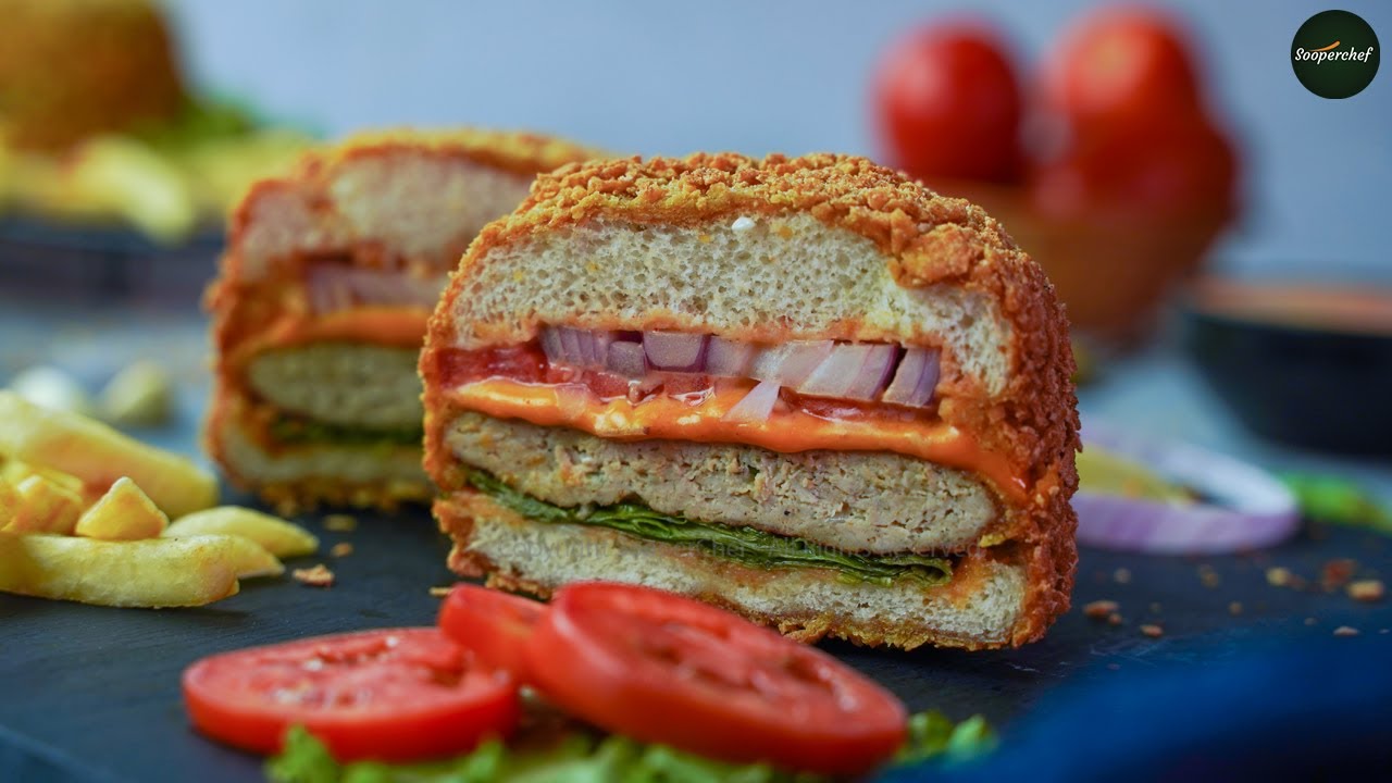 KFC Style Kurkure Burger Recipe by SooperChef | Crunchy Burger Recipe