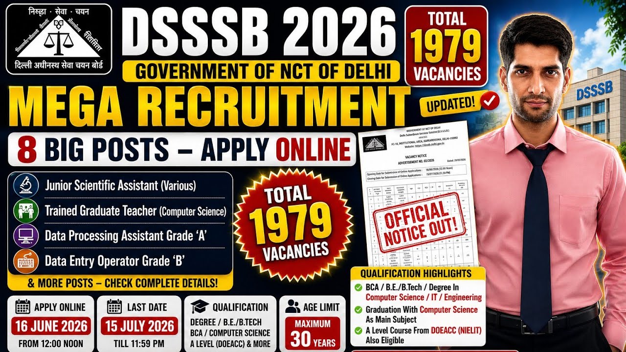 DSSSB Recruitment 2026 🔥 1979 Vacancies Out | TGT Computer Science, JSA, DEO & More | Apply Online