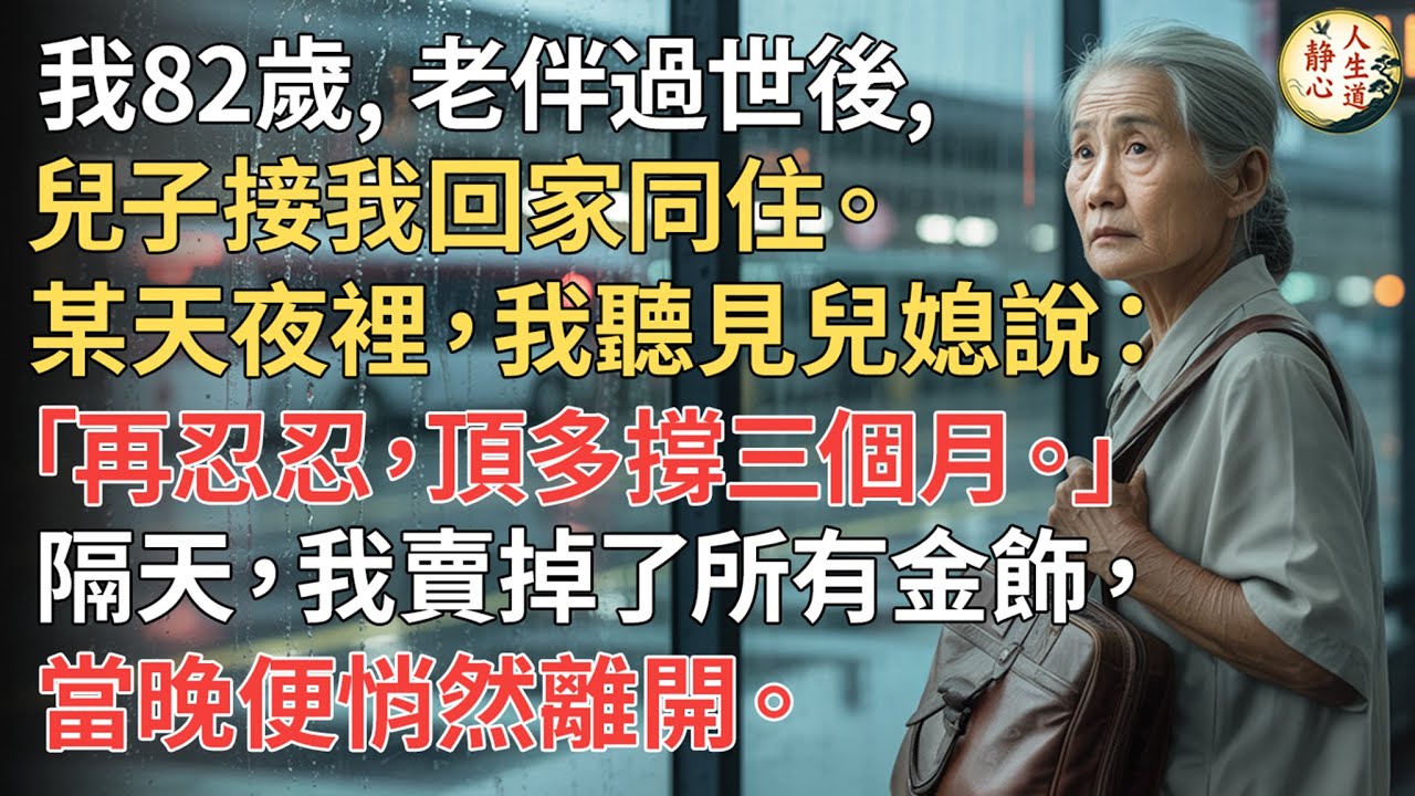 【我82歲】老伴過世後，兒子接我回家同住。某天夜裡，我聽見兒媳說：「再忍忍，頂多撐三個月。」隔天，我賣掉了所有金飾，當晚便悄然離開。