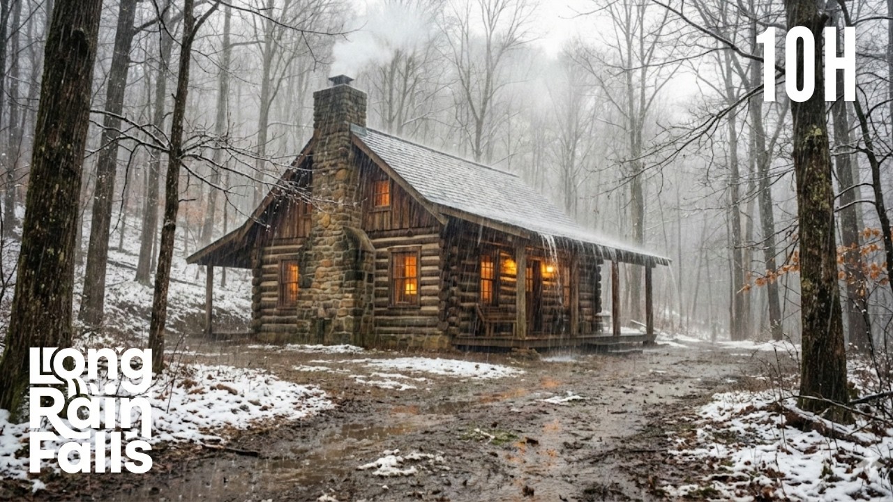 10 Hours Heavy Rain in Snowy Forest | Cozy Cabin Sounds for Sleep & Study | Ultra Realistic 4K