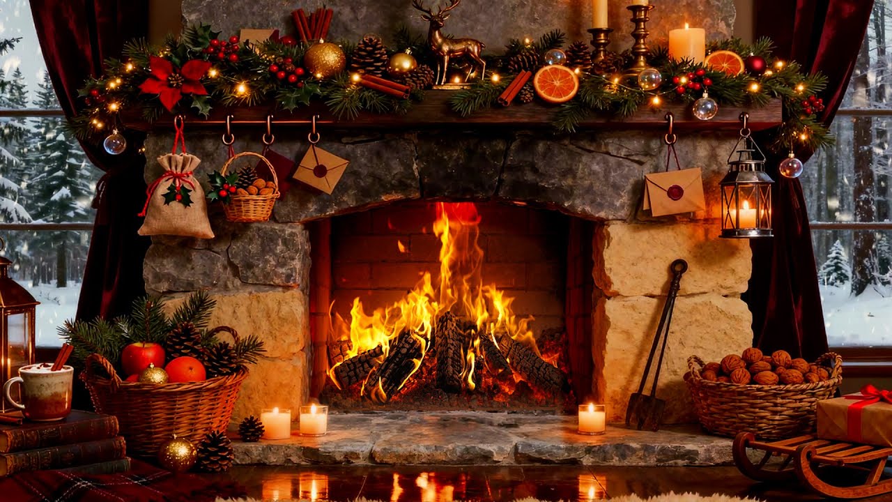 Winter Fireplace 🔥 Peaceful Cabin Ambience with Snowfall for Relaxation