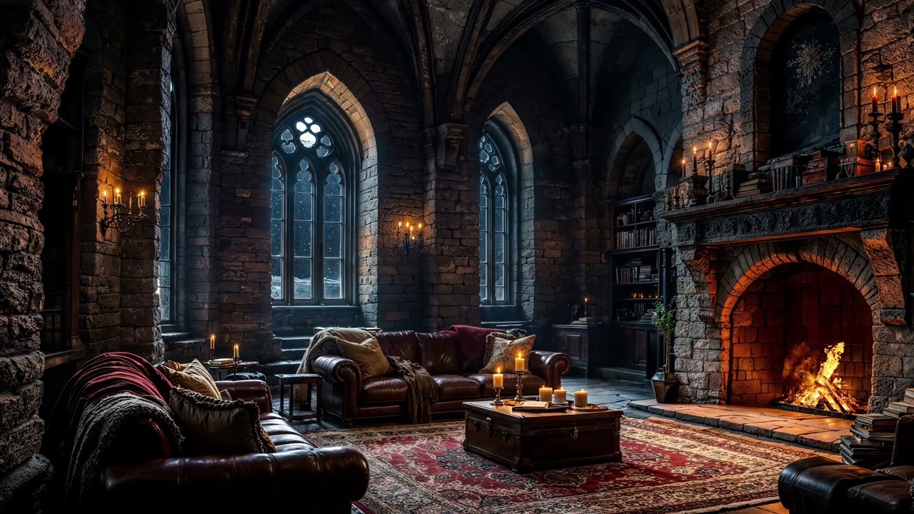 Castle Fireplace (NO MUSIC) ❄️ Gentle Crackling & Snow Ambience | Sleep & Focus