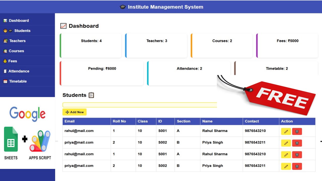 how make a institute managemant system google sheet app script