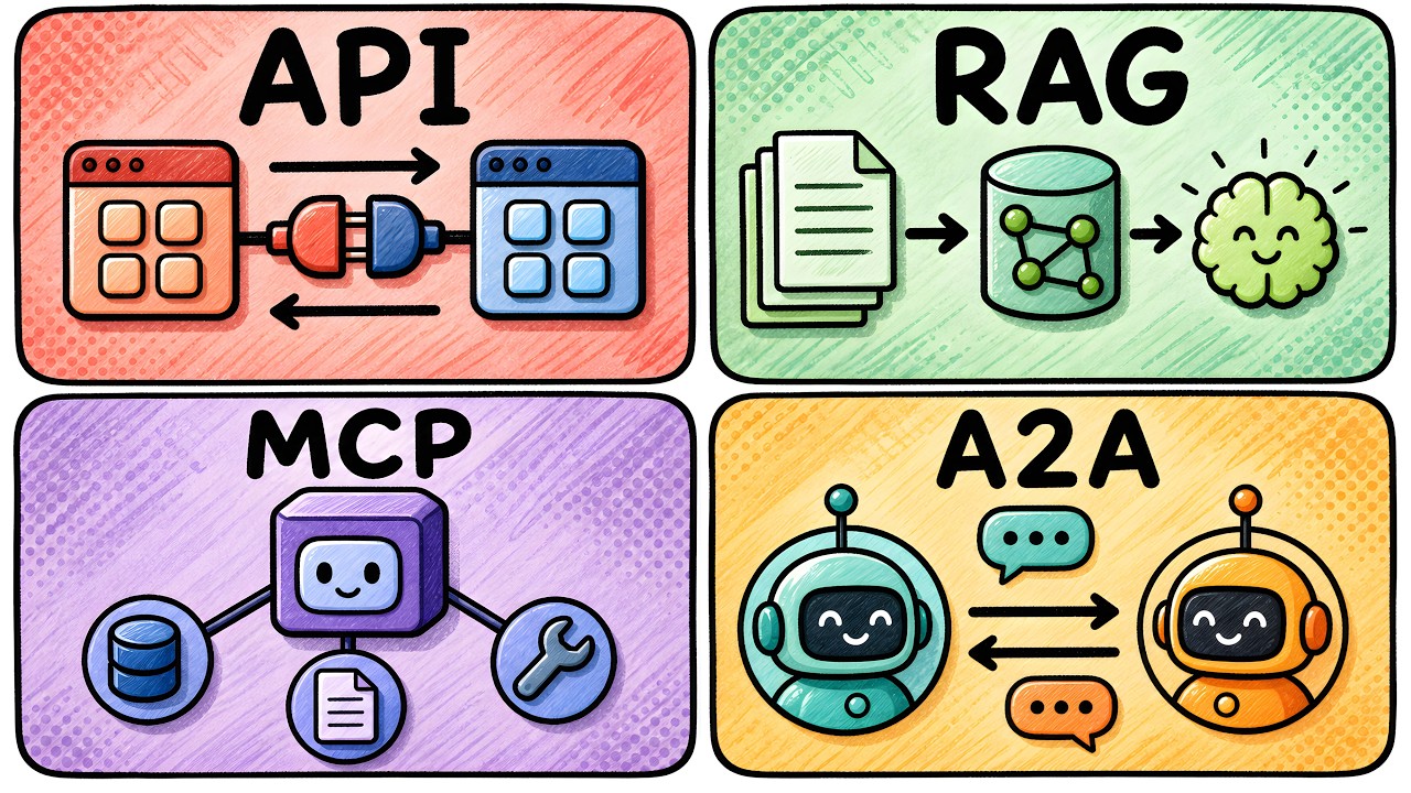 API против RAG против MCP против A2A: объяснение за 19 минут