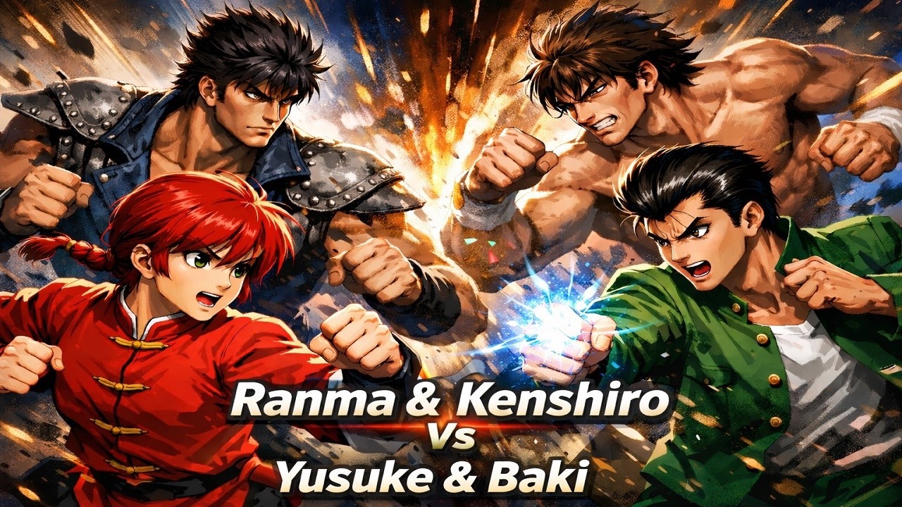 MUGEN - (Girl) Ranma Saotome & Kenshiro Vs Yusuke Urameshi & Baki Hanma (ANIME Dream Match!!!)