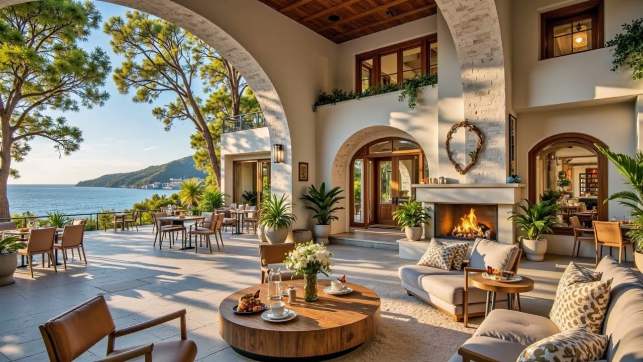 Luxury House Ambience by the Sea 🌅 Quiet Jazz Melody With Ocean Sounds To Chill Out