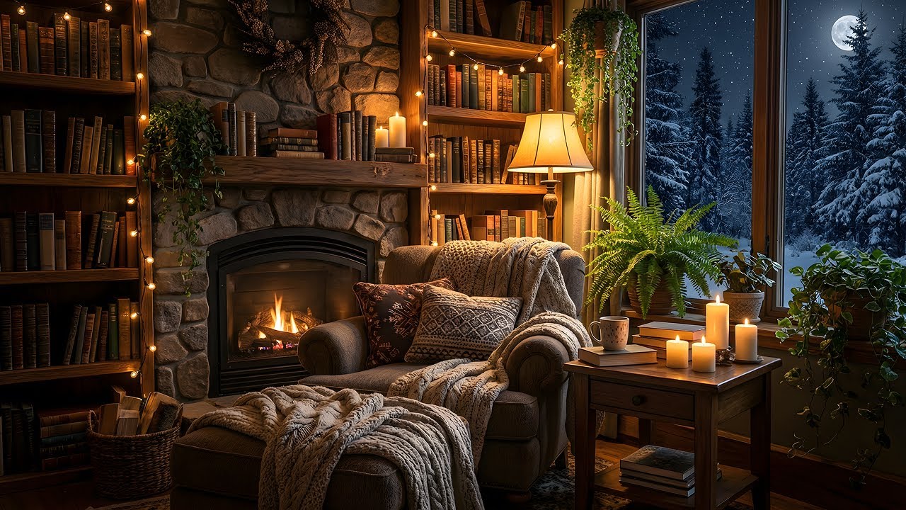 Cozy Home Library at Night 🔥 Fireplace Sounds Only for Reading & Sleep