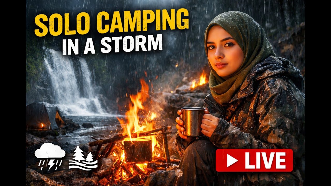 Solo Camping in a Storm | Heavy Rain, Campfire, River & Waterfall Sounds (LIVE)
