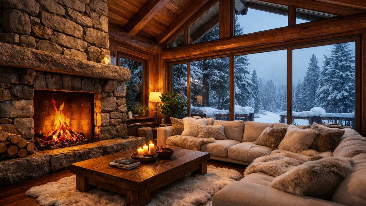 Cozy Wood Cabin |  Fireplace & Smooth Jazz Piano | Snowfall Ambience for Relaxing, Studying & Sleep