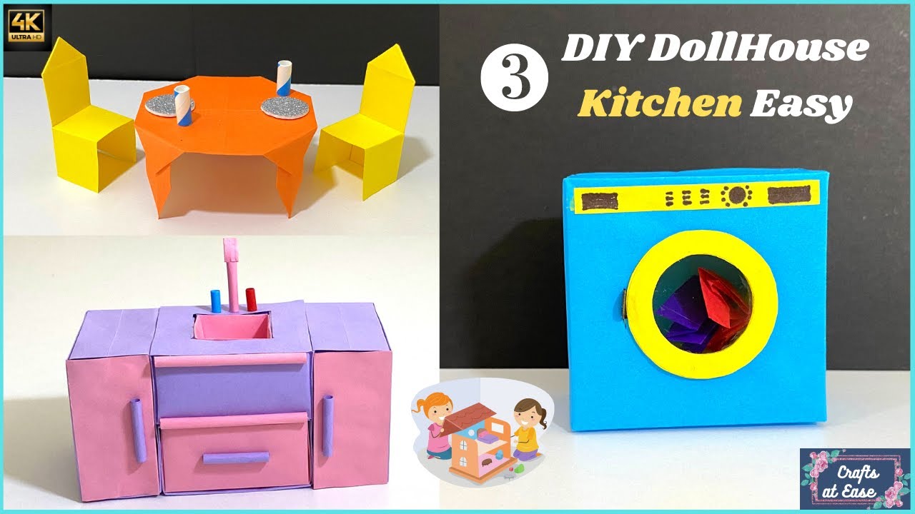 DIY Miniature Dollhouse Kitchen | With Paper Dining Table, Sink, Washing Machine | Crafts At Ease